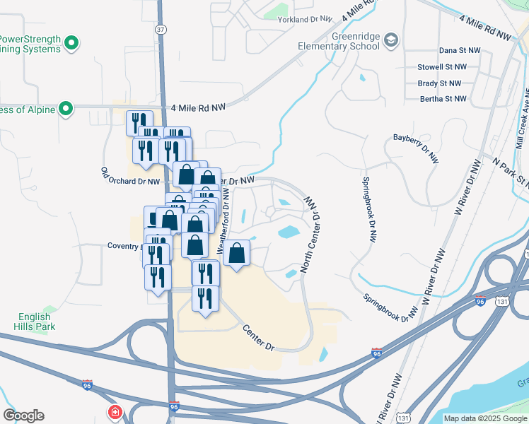 map of restaurants, bars, coffee shops, grocery stores, and more near 3359 Ridgeview Drive Northwest in Walker