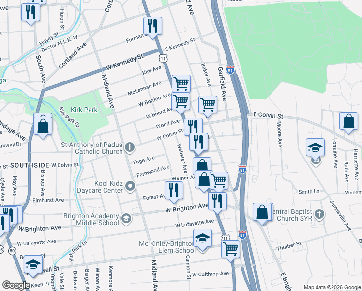 map of restaurants, bars, coffee shops, grocery stores, and more near 137 Webster Avenue in Syracuse