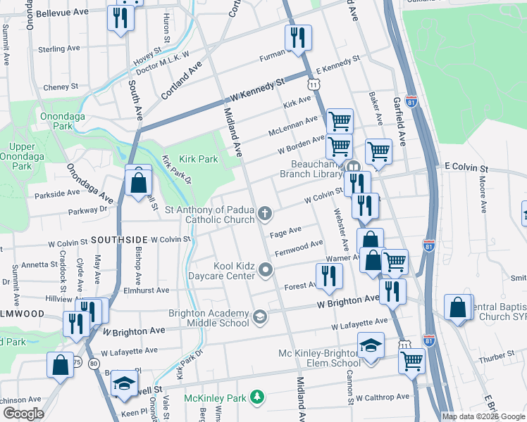 map of restaurants, bars, coffee shops, grocery stores, and more near 428 West Colvin Street in Syracuse