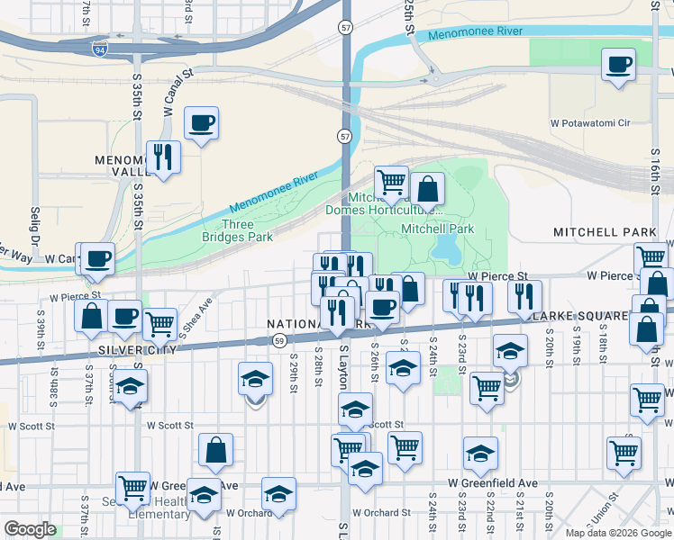 map of restaurants, bars, coffee shops, grocery stores, and more near 657 South Layton Boulevard in Milwaukee