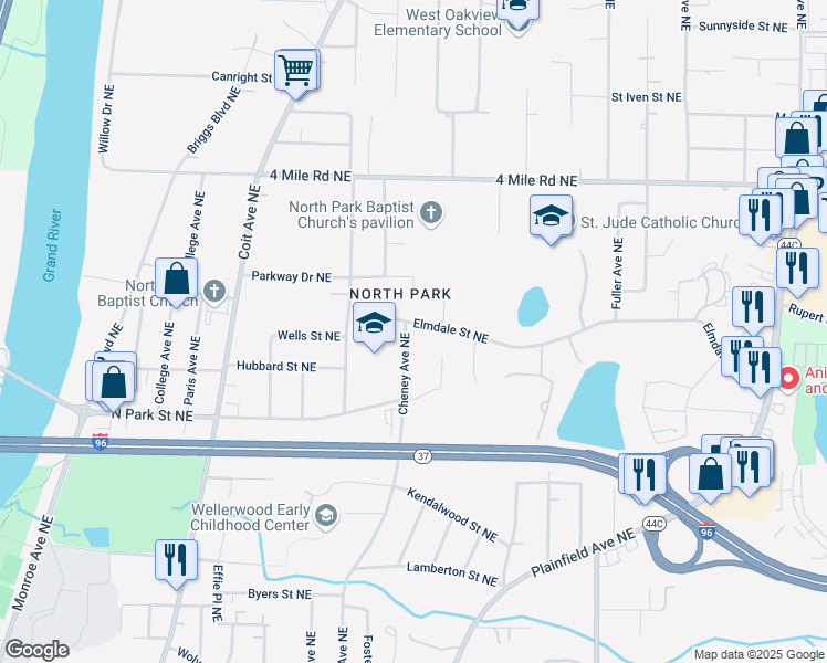 map of restaurants, bars, coffee shops, grocery stores, and more near 900 Elmdale Street Northeast in Grand Rapids