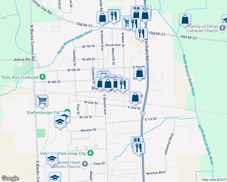 map of restaurants, bars, coffee shops, grocery stores, and more near 151 East 3rd Street in Imlay City
