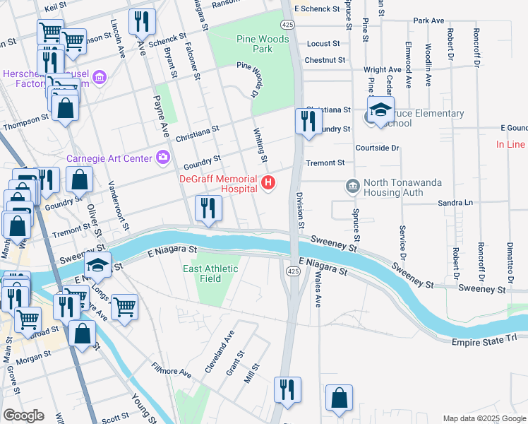 map of restaurants, bars, coffee shops, grocery stores, and more near 29 Niagara Street in North Tonawanda