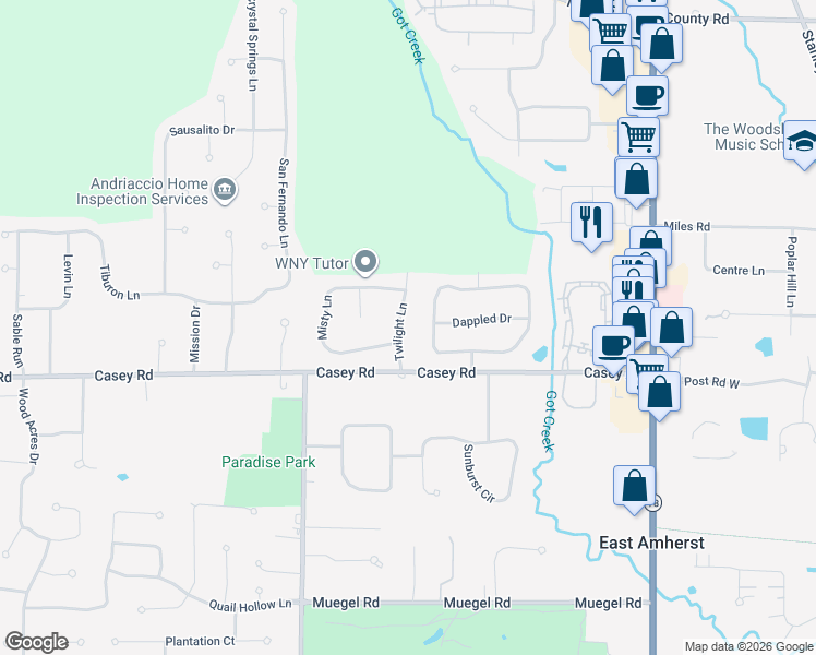 map of restaurants, bars, coffee shops, grocery stores, and more near 47 Twilight Lane in East Amherst