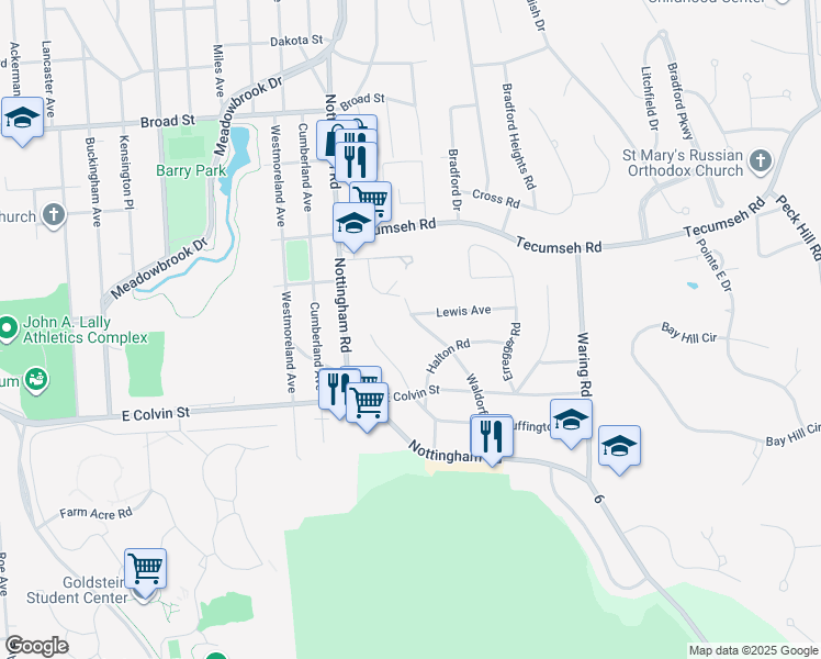 map of restaurants, bars, coffee shops, grocery stores, and more near 302 Waldorf Parkway in Syracuse