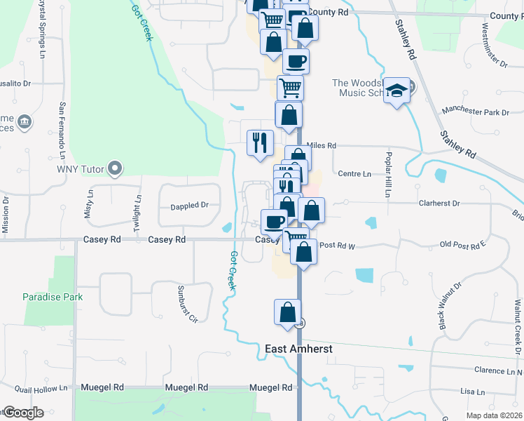 map of restaurants, bars, coffee shops, grocery stores, and more near 202 Breezewood Common in East Amherst
