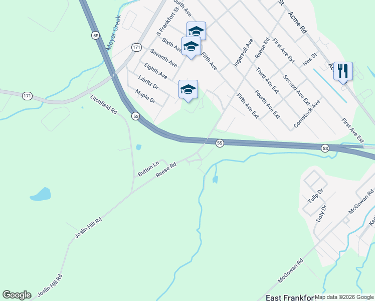 map of restaurants, bars, coffee shops, grocery stores, and more near 700 Reese Road in Frankfort