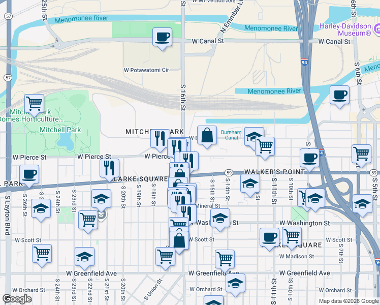 map of restaurants, bars, coffee shops, grocery stores, and more near 1560 West Pierce Street in Milwaukee