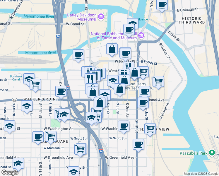 map of restaurants, bars, coffee shops, grocery stores, and more near 12E South 4th Street in Milwaukee