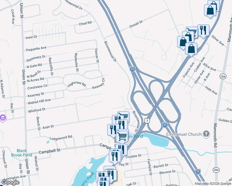 map of restaurants, bars, coffee shops, grocery stores, and more near 32 Fairview Circle in Hooksett