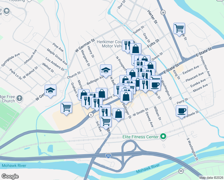 map of restaurants, bars, coffee shops, grocery stores, and more near 309 Park Avenue in Herkimer