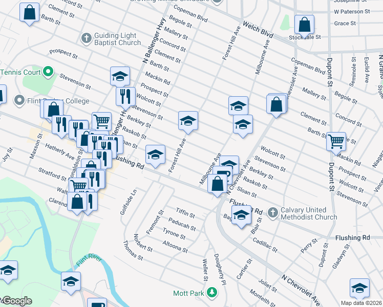 map of restaurants, bars, coffee shops, grocery stores, and more near 2637 Berkley Street in Flint