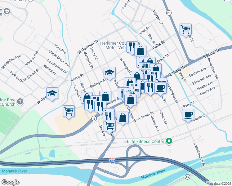 map of restaurants, bars, coffee shops, grocery stores, and more near 309 Park Ave in Herkimer