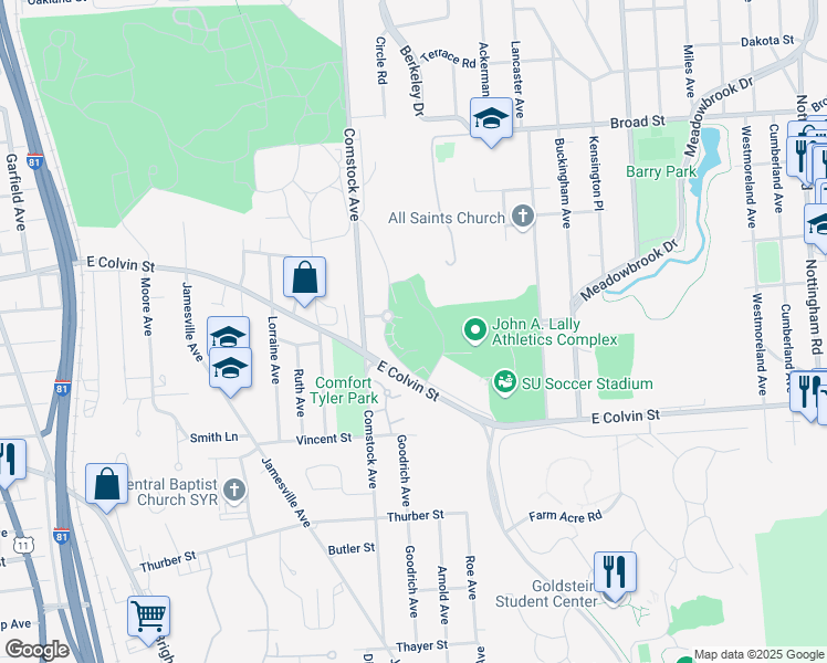 map of restaurants, bars, coffee shops, grocery stores, and more near 1301 East Colvin Street in Syracuse