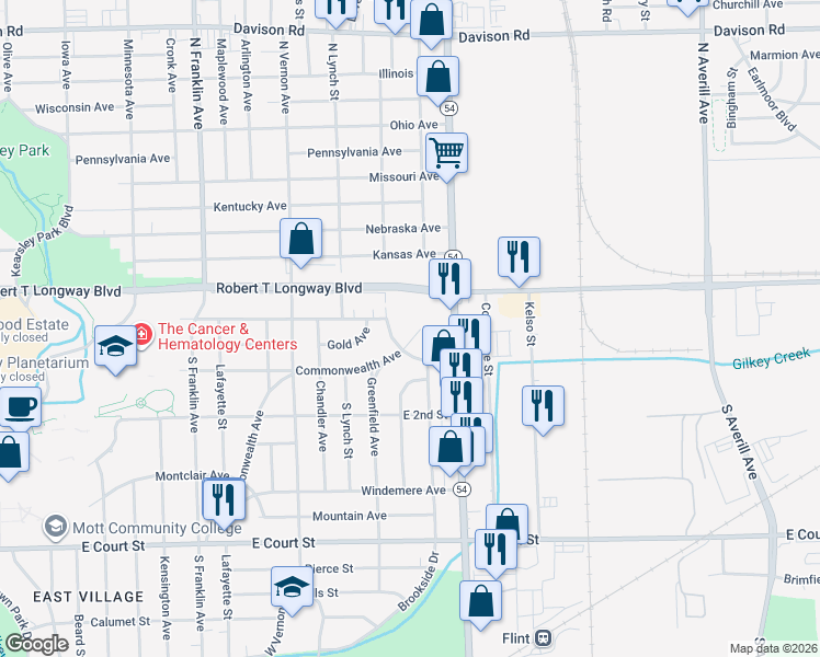 map of restaurants, bars, coffee shops, grocery stores, and more near 144 Commonwealth Avenue in Flint