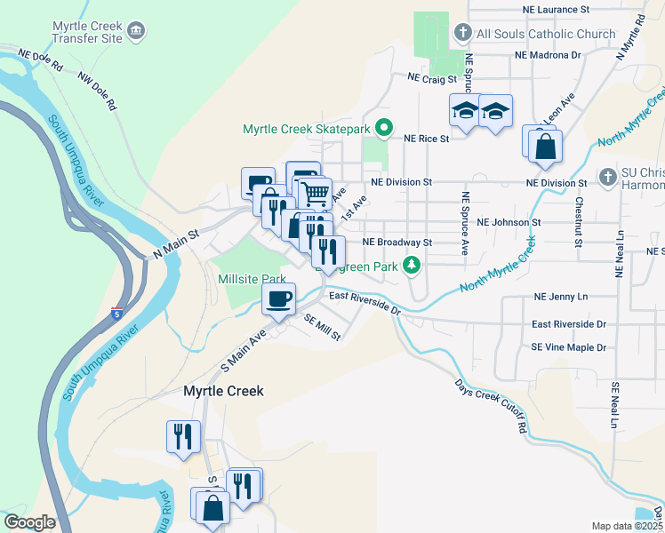 map of restaurants, bars, coffee shops, grocery stores, and more near 150 Northeast Oak Street in Myrtle Creek