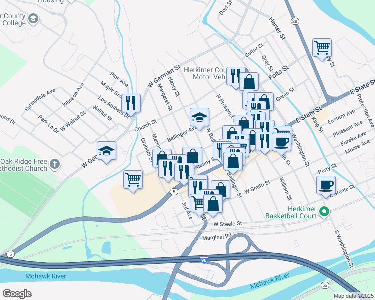 map of restaurants, bars, coffee shops, grocery stores, and more near 412 Park Avenue in Herkimer