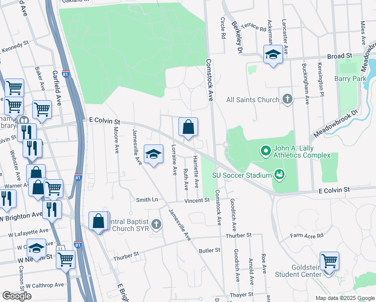 map of restaurants, bars, coffee shops, grocery stores, and more near 1112 East Colvin Street in Syracuse