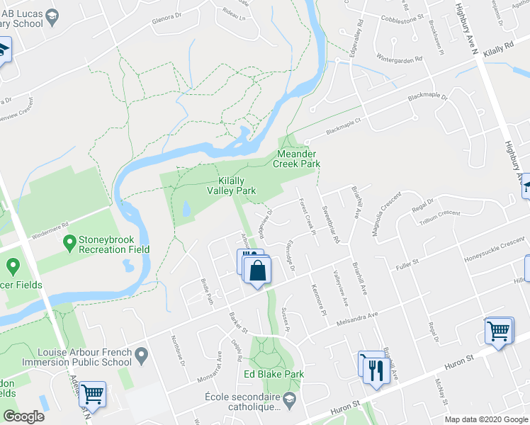 map of restaurants, bars, coffee shops, grocery stores, and more near 399 Ridgeview Court in London