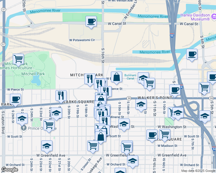 map of restaurants, bars, coffee shops, grocery stores, and more near 721 South César E. Chávez Drive in Milwaukee