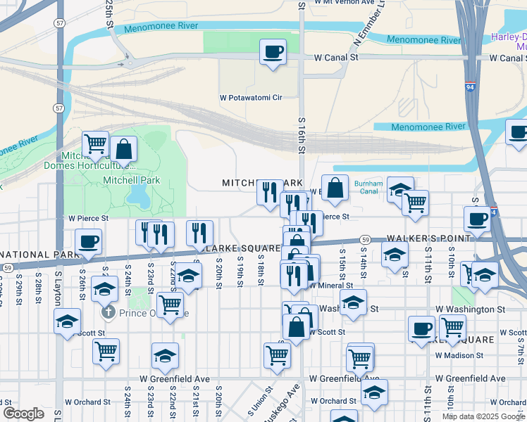 map of restaurants, bars, coffee shops, grocery stores, and more near 1740 West Pierce Street in Milwaukee
