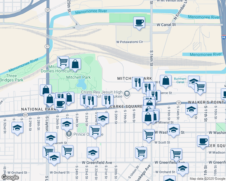 map of restaurants, bars, coffee shops, grocery stores, and more near 2024-2026 West Pierce Street in Milwaukee