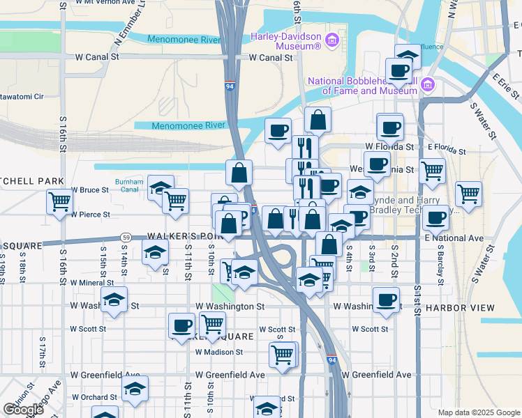 map of restaurants, bars, coffee shops, grocery stores, and more near 738 West Pierce Street in Milwaukee