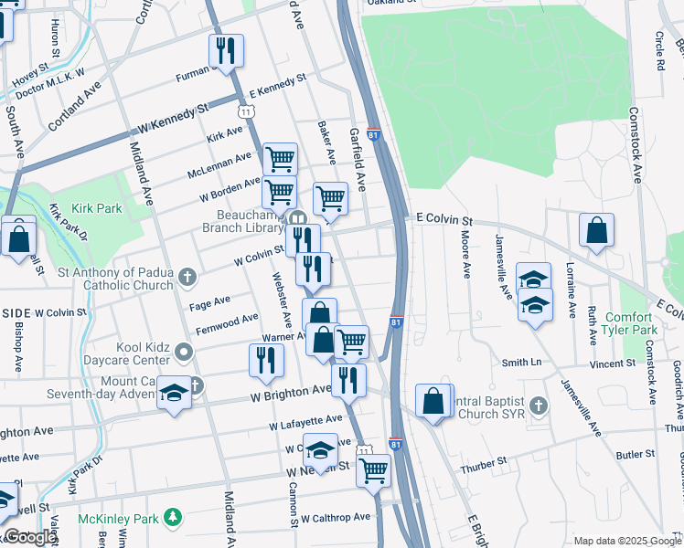 map of restaurants, bars, coffee shops, grocery stores, and more near 2116 South State Street in Syracuse