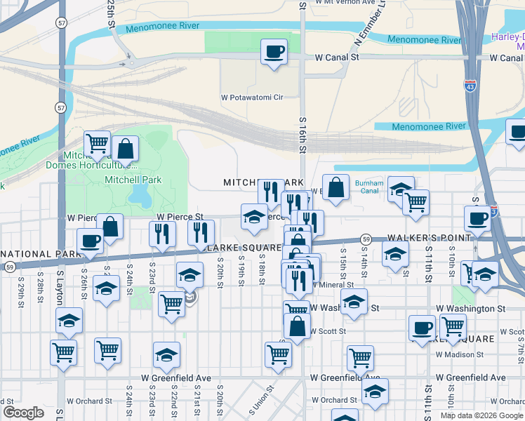 map of restaurants, bars, coffee shops, grocery stores, and more near 1740 West Pierce Street in Milwaukee