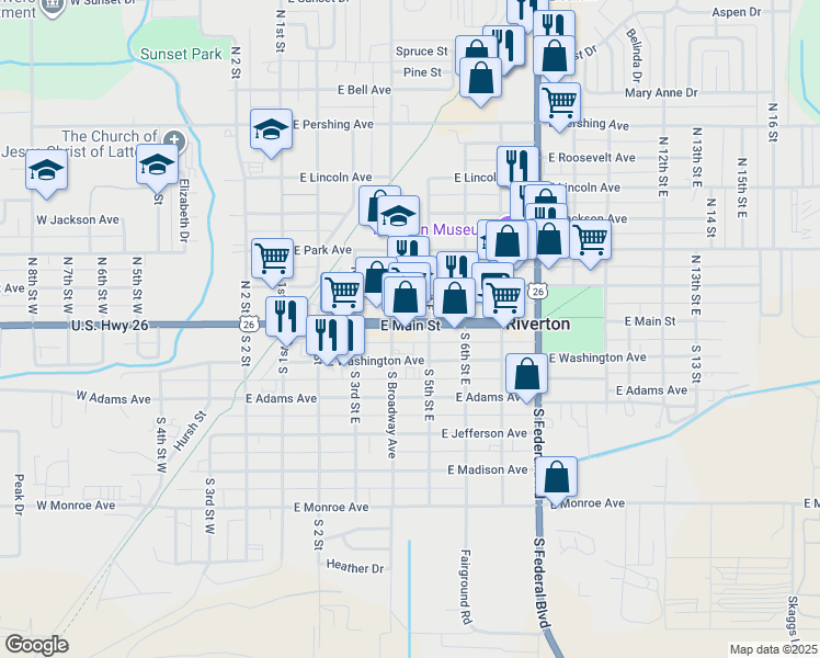 map of restaurants, bars, coffee shops, grocery stores, and more near 413 E Main St in Riverton