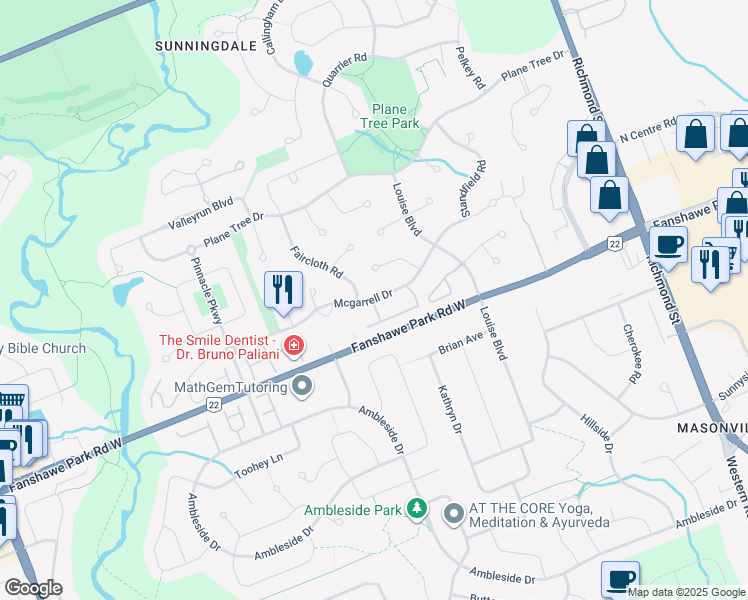map of restaurants, bars, coffee shops, grocery stores, and more near Mcgarrell Drive in London