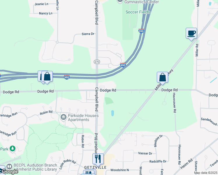 map of restaurants, bars, coffee shops, grocery stores, and more near 710 Dodge Road in Getzville