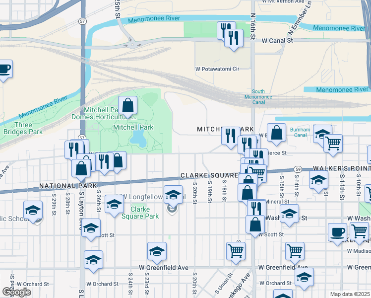 map of restaurants, bars, coffee shops, grocery stores, and more near 2024-2026 West Pierce Street in Milwaukee