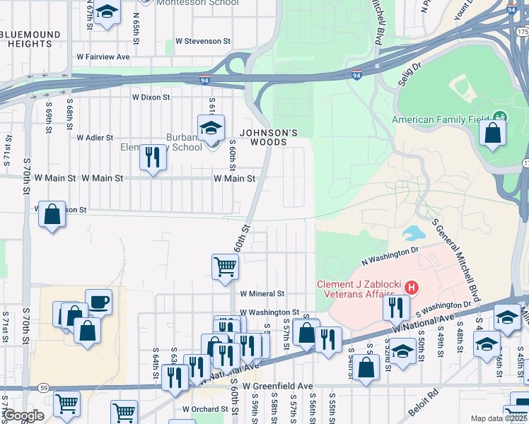 map of restaurants, bars, coffee shops, grocery stores, and more near 676 South Hawley Road in Milwaukee