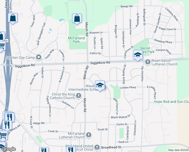 map of restaurants, bars, coffee shops, grocery stores, and more near 5112 Leanne Lane in McFarland