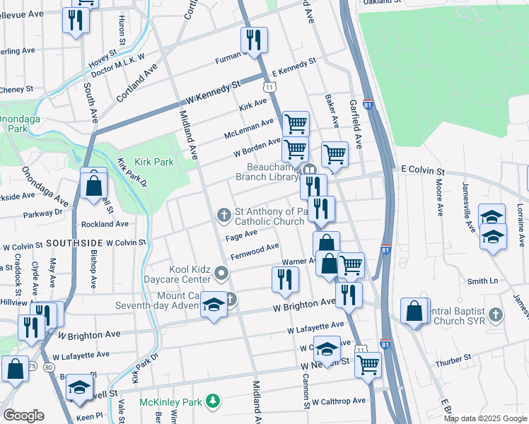 map of restaurants, bars, coffee shops, grocery stores, and more near 114 Cannon Street in Syracuse