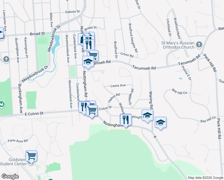 map of restaurants, bars, coffee shops, grocery stores, and more near 309 Waldorf Parkway in Syracuse