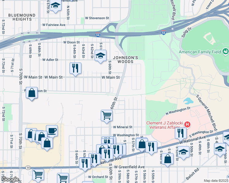map of restaurants, bars, coffee shops, grocery stores, and more near 683 South Hawley Road in Milwaukee