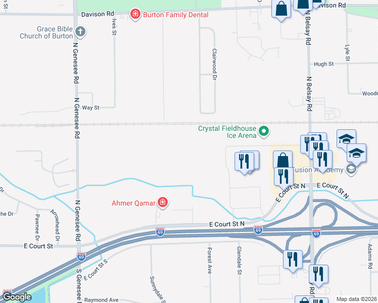 map of restaurants, bars, coffee shops, grocery stores, and more near 5240 Arnold Drive in Burton