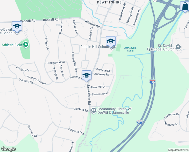 map of restaurants, bars, coffee shops, grocery stores, and more near 100 Andrews Road in Syracuse