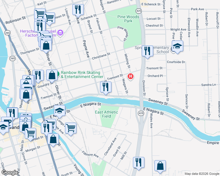 map of restaurants, bars, coffee shops, grocery stores, and more near 41 Bryant Street in North Tonawanda