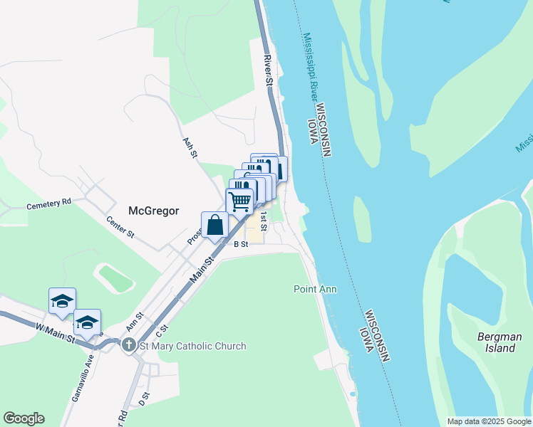 map of restaurants, bars, coffee shops, grocery stores, and more near 119 A Street in McGregor