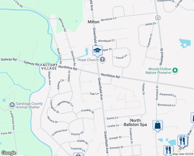 map of restaurants, bars, coffee shops, grocery stores, and more near 103 Greenfield Ave in Ballston Spa