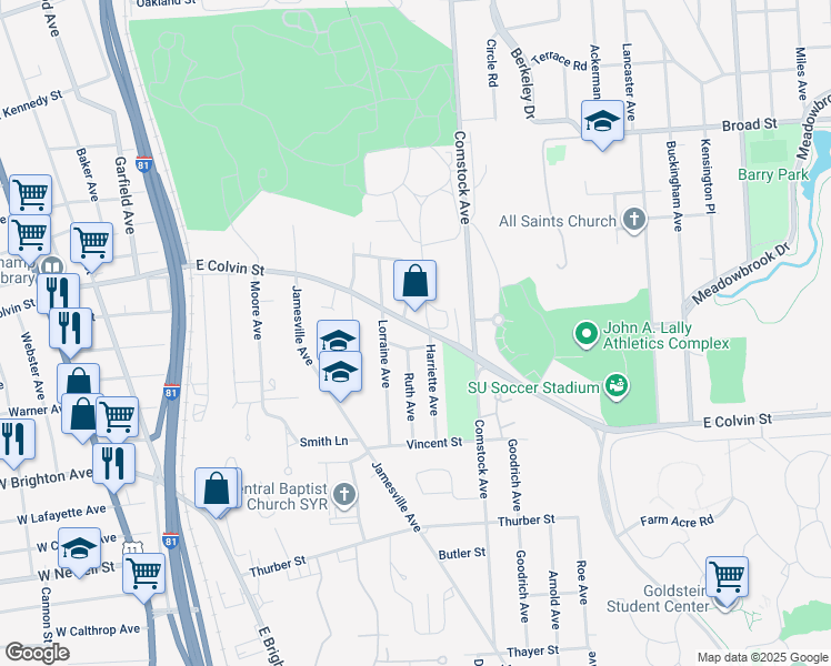 map of restaurants, bars, coffee shops, grocery stores, and more near 1112 East Colvin Street in Syracuse