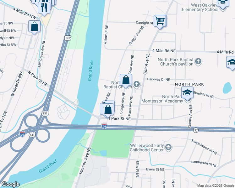 map of restaurants, bars, coffee shops, grocery stores, and more near 3338 Riverview Avenue Northeast in Grand Rapids