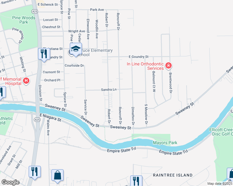 map of restaurants, bars, coffee shops, grocery stores, and more near 184 Roncroff Drive in North Tonawanda