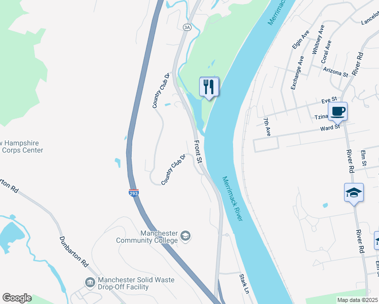 map of restaurants, bars, coffee shops, grocery stores, and more near 23 Country Club Drive in Manchester
