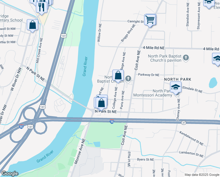 map of restaurants, bars, coffee shops, grocery stores, and more near 3338 Riverview Avenue Northeast in Grand Rapids