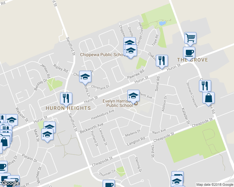 map of restaurants, bars, coffee shops, grocery stores, and more near 1463 Perth Avenue in London