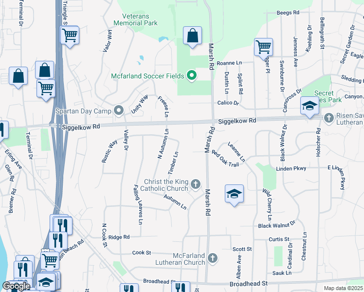 map of restaurants, bars, coffee shops, grocery stores, and more near 5015 Timber Lane in McFarland